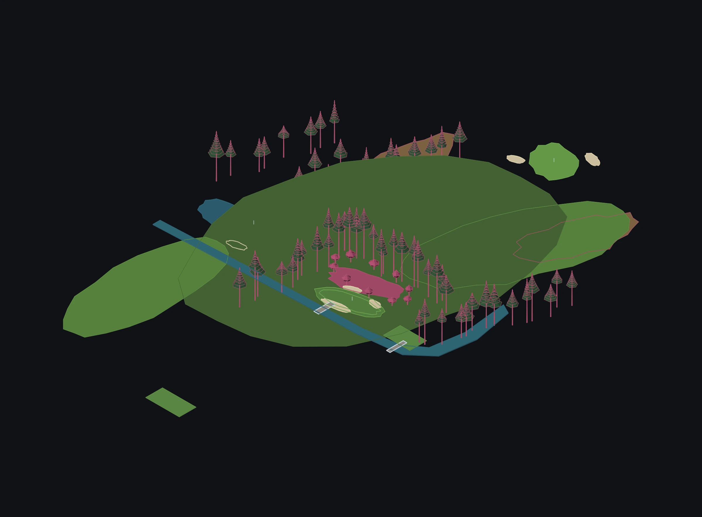 The same three holes in isometric, with planting and two bridges over the creek.