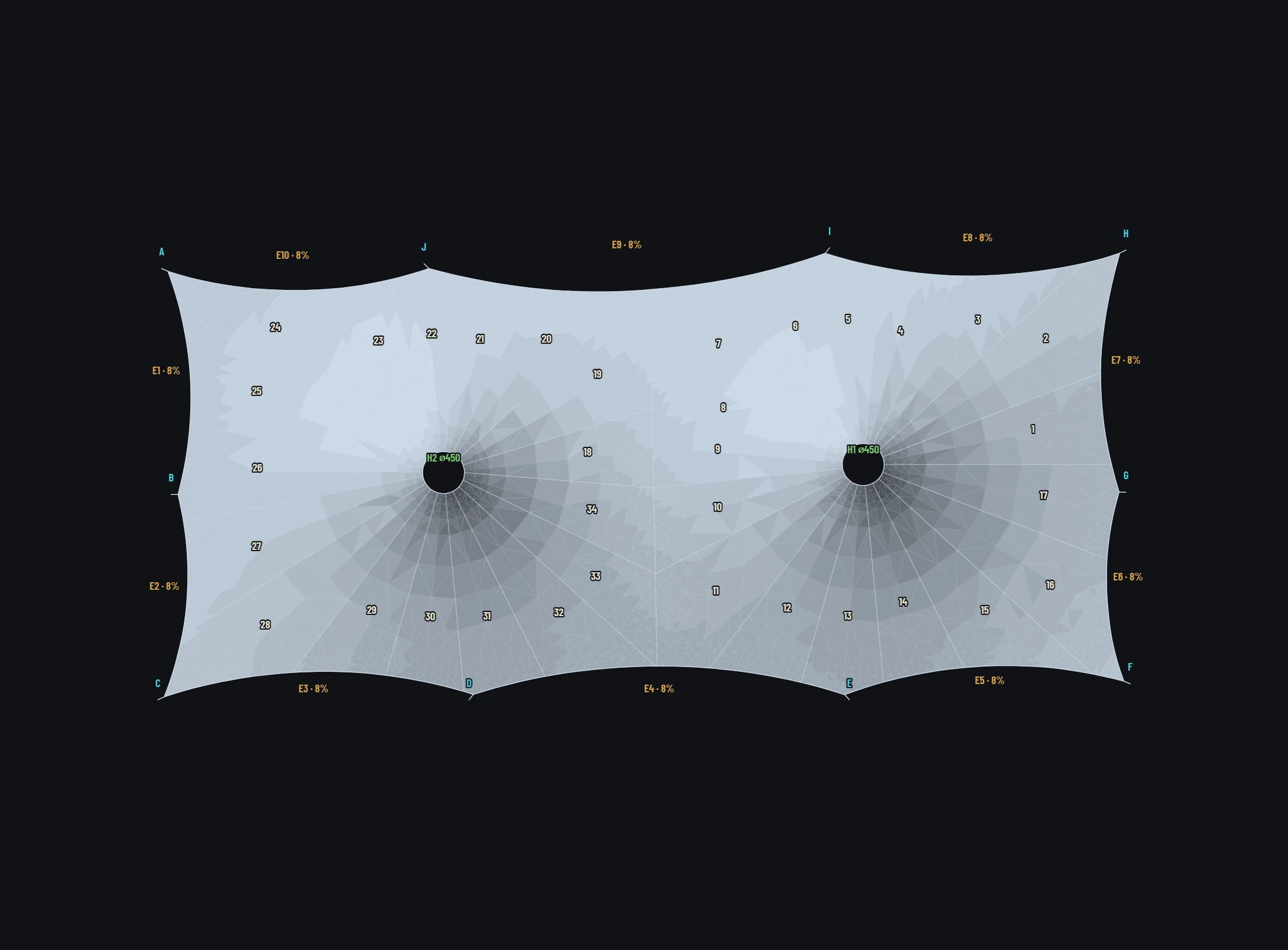 The same canopy in plan, divided into twenty-eight numbered panels by seam lines that radiate from the two masts, with the corners and edges lettered.