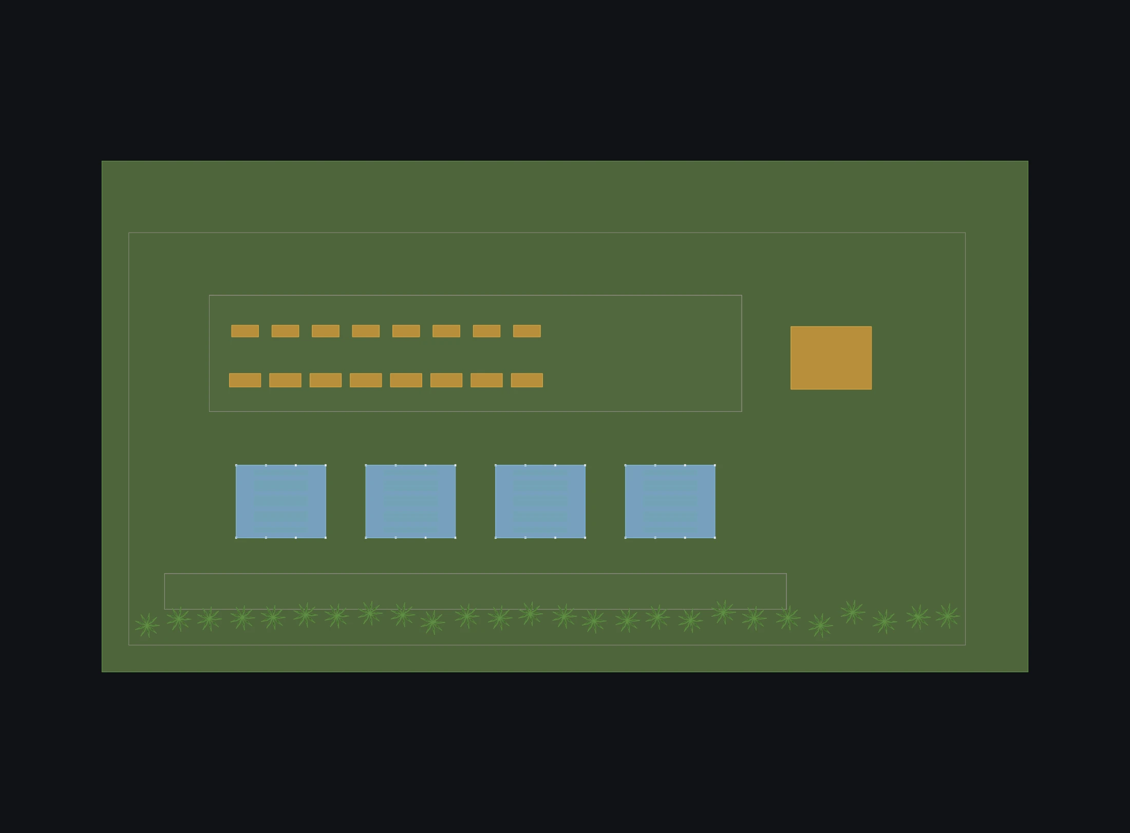 Plan of the data hall: rows of racks between structural grid lines, with plant and roads around it.