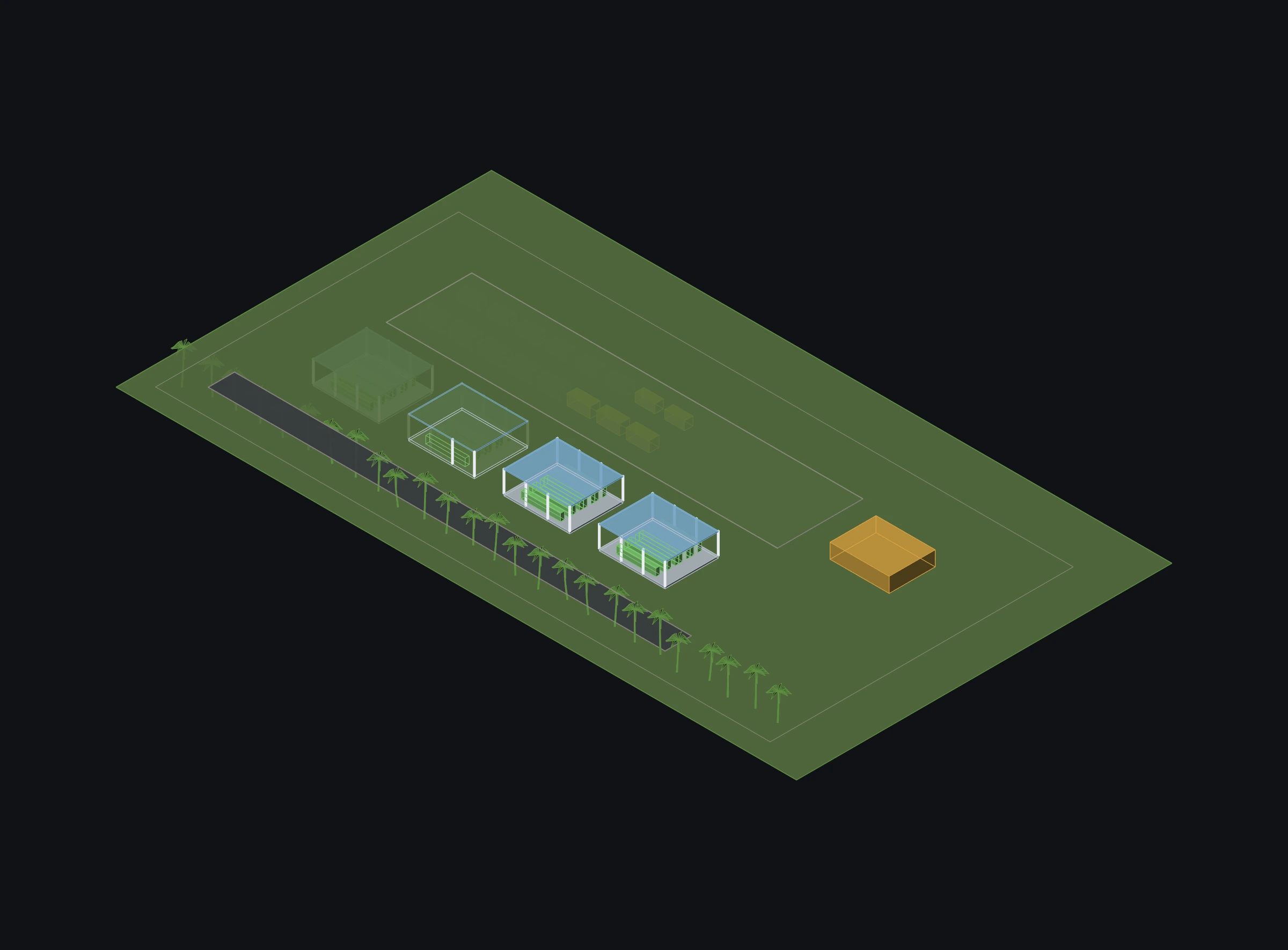 A single-storey data hall in isometric with rows of equipment racks inside and plant alongside.