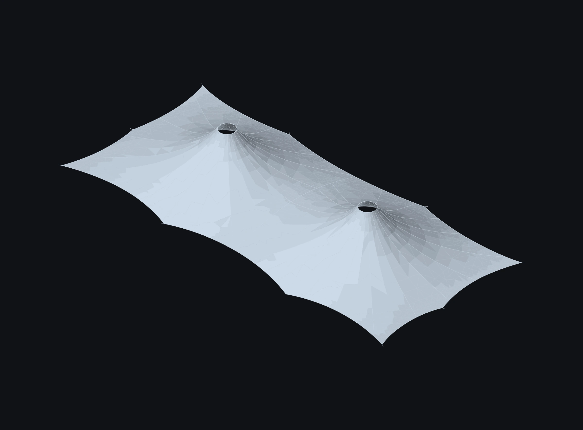 A two-mast fabric canopy seen from above and to one side, its surface curving down from two masts to eight anchor points.